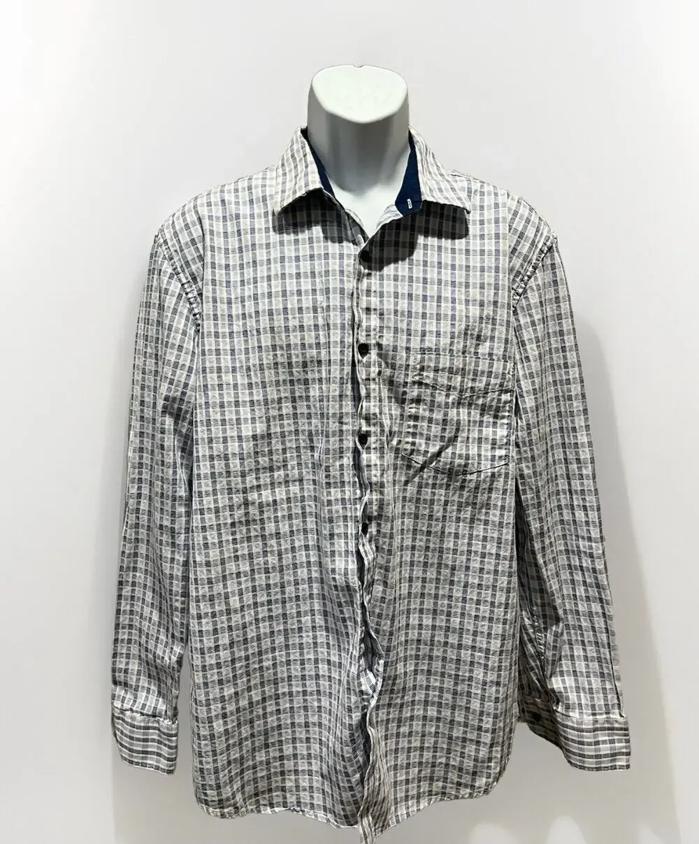 Tasso Elba Mens Dress Shirt Blue White Plaid 100% Cotton XL 17-17.5